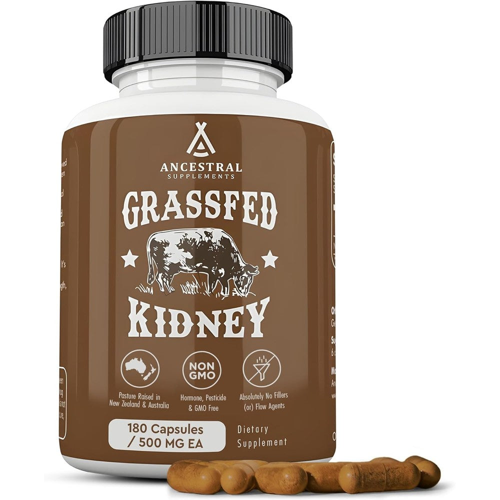Ancestral Supplements Grass Fed Beef Kidney Capsules 180 Count front bottle view showcasing holistic kidney support.