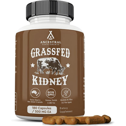 Ancestral Supplements Grass Fed Beef Kidney Capsules 180 Count front bottle view showcasing holistic kidney support.