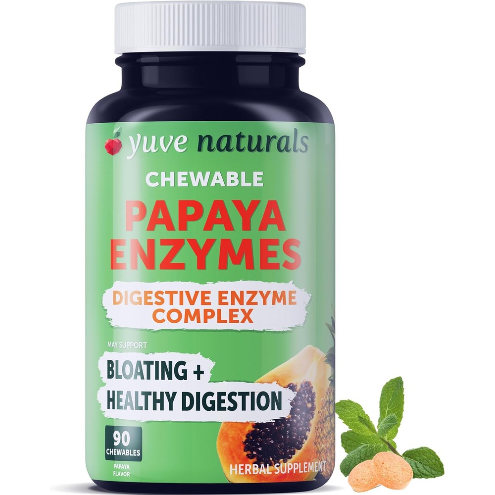 Yuve Naturals Chewable Papaya Enzymes 90 tablets front bottle view digestive supplement