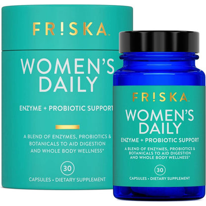 Friska Women's Daily Digestive Enzymes and Probiotics 30 capsules bottle front view showing clean packaging layout.