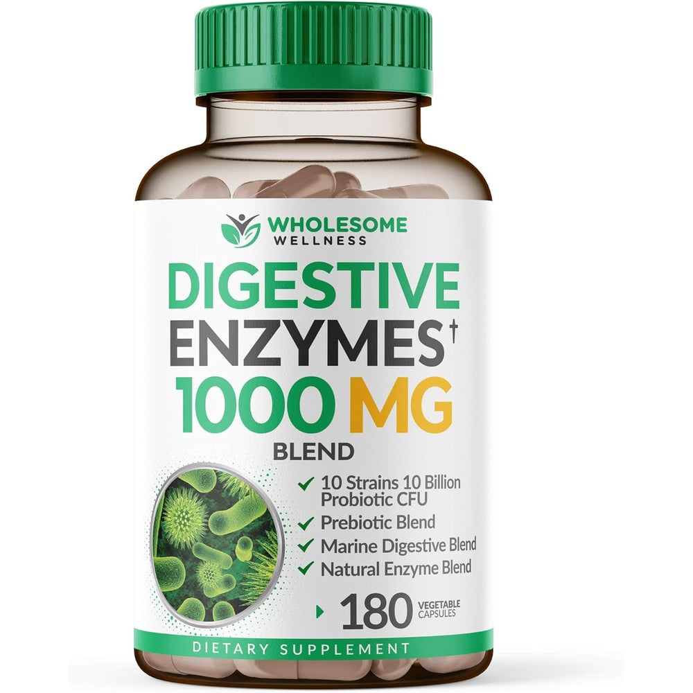 Wholesome Wellness digestive enzymes bottle front view packaging