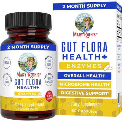 MaryRuth Organics Gut Flora Health Plus Enzymes bottle front view for digestive wellness.