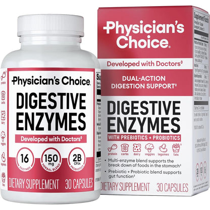 Physician's Choice Digestive Enzymes 30 capsules front view bottle packaging for bloating relief