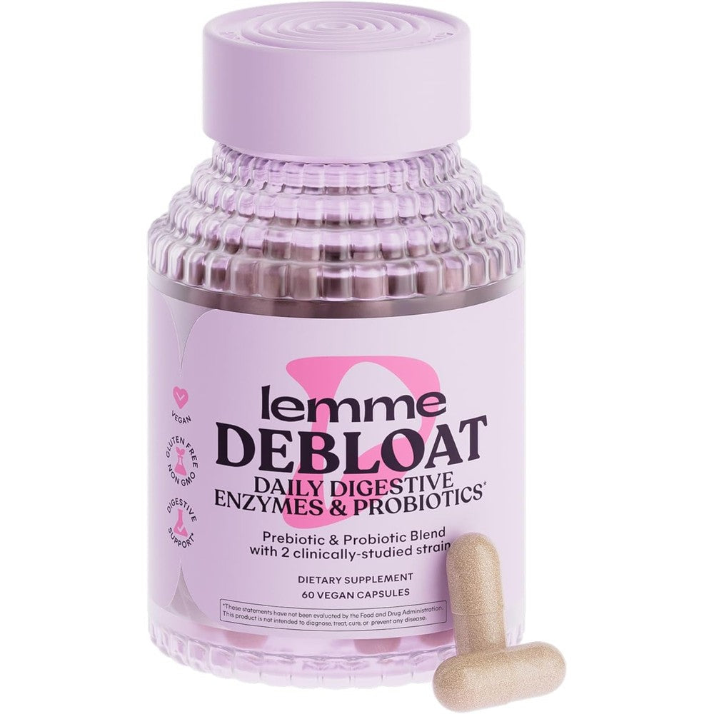 Lemme Debloat 3 in 1 supplement bottle front view showcasing authentic packaging.