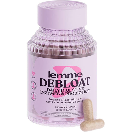 Lemme Debloat 3 in 1 supplement bottle front view showcasing authentic packaging.