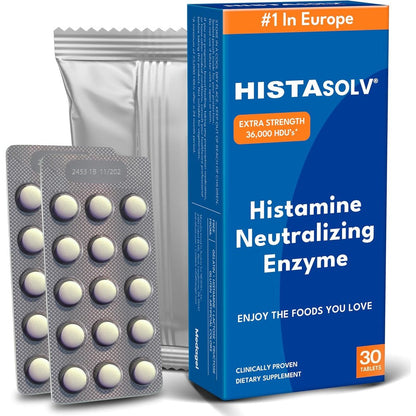 Medagel HISTAsolv Extra Strength 30 tablets front box packaging for histamine food intolerance