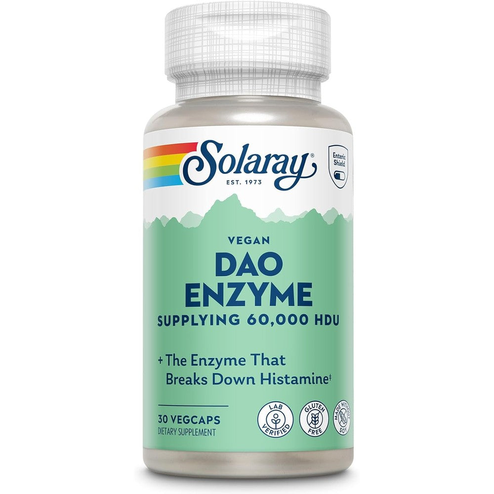 Solaray DAO Digestive Enzyme 30 capsules front view bottle for histamine tolerance support