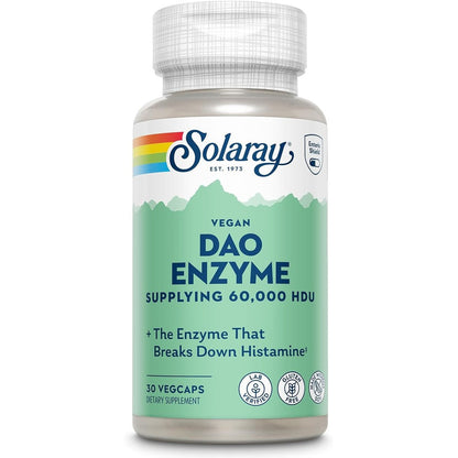 Solaray DAO Digestive Enzyme 30 capsules front view bottle for histamine tolerance support