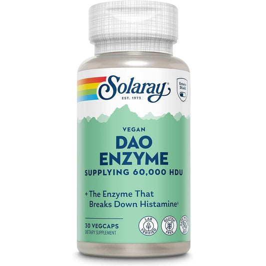 Solaray DAO Digestive Enzyme 30 capsules front view bottle for histamine tolerance support