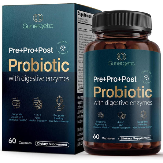Sunergetic 4-in-1 Probiotic 60 capsules front view bottle for premium gut health
