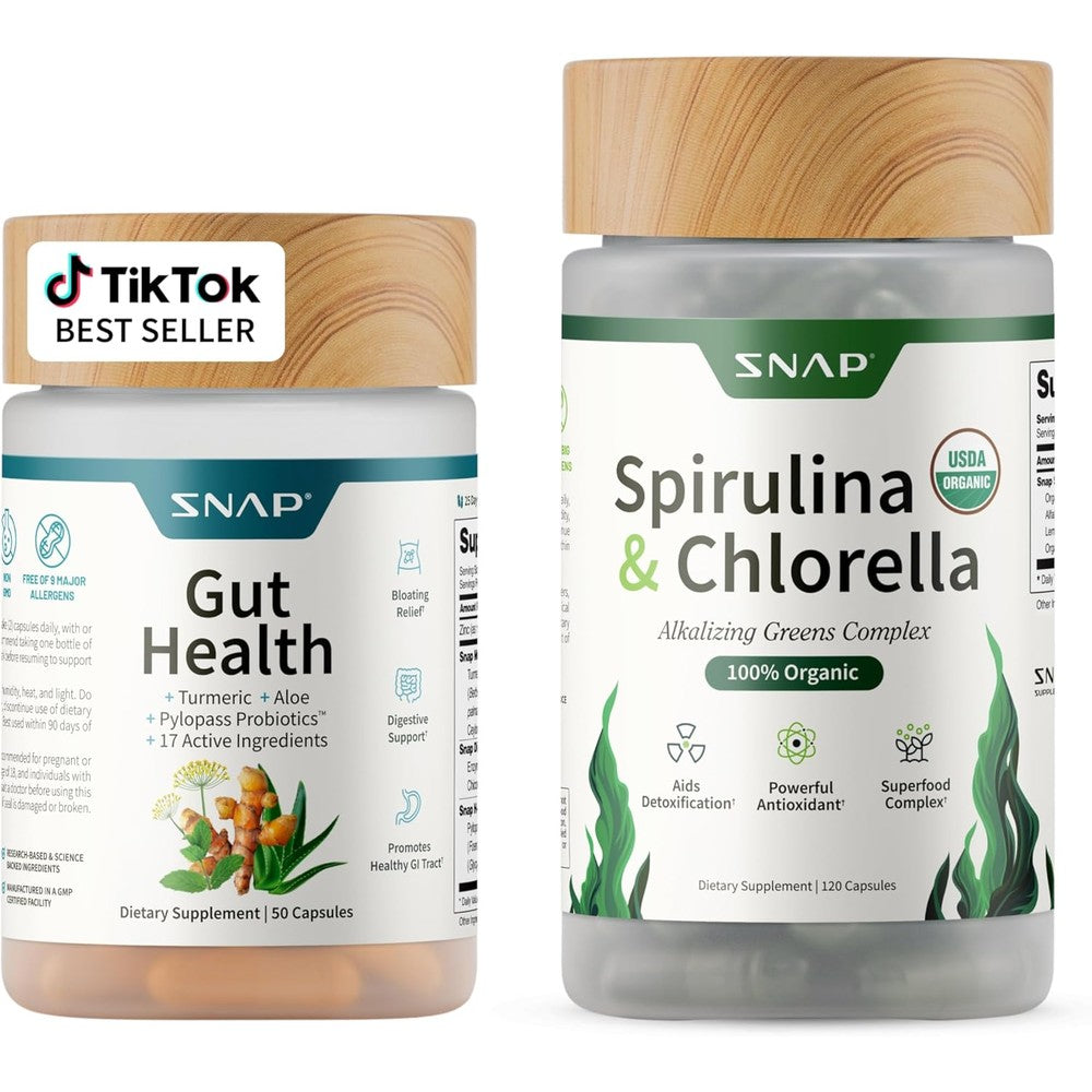 Snap Supplements Gut Health and Spirulina Chlorella Bundle front view of two supplement bottles