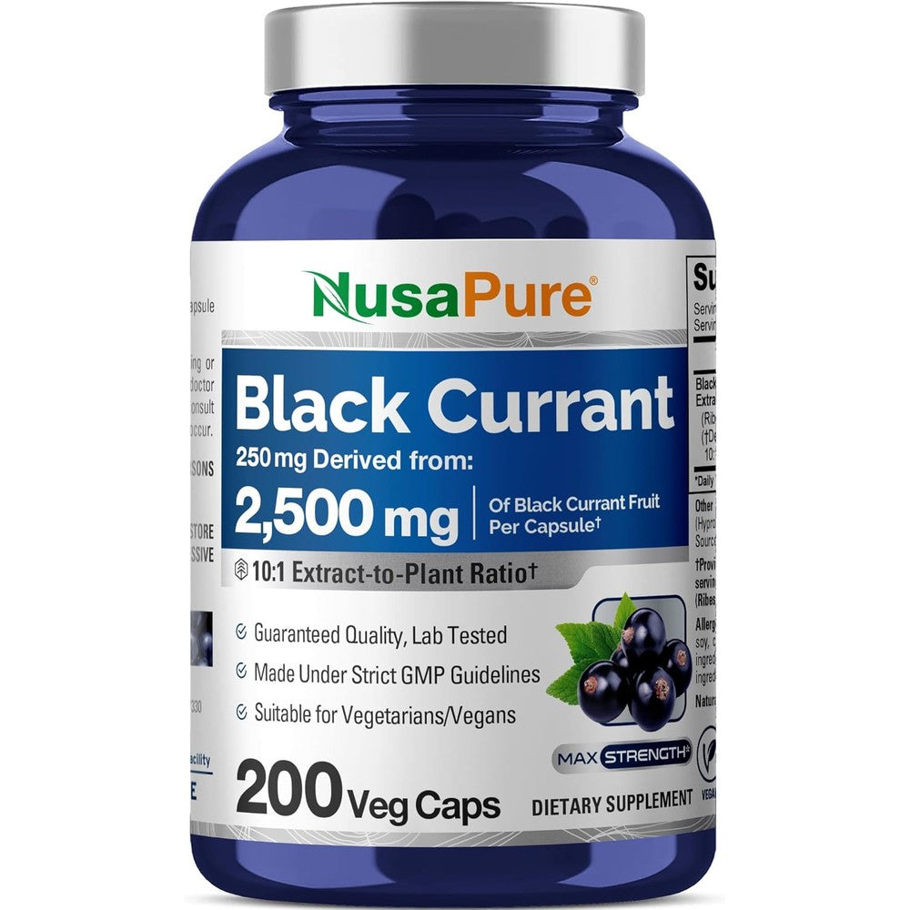 NusaPure Black Currant 2500mg 200 Capsules front view supplement bottle