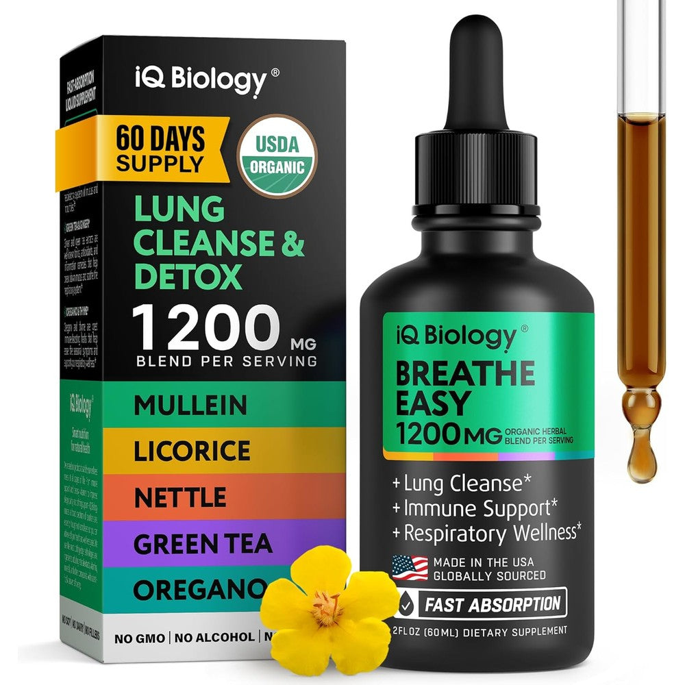 IQ Biology Mullein Drops front view packaging and dropper bottle