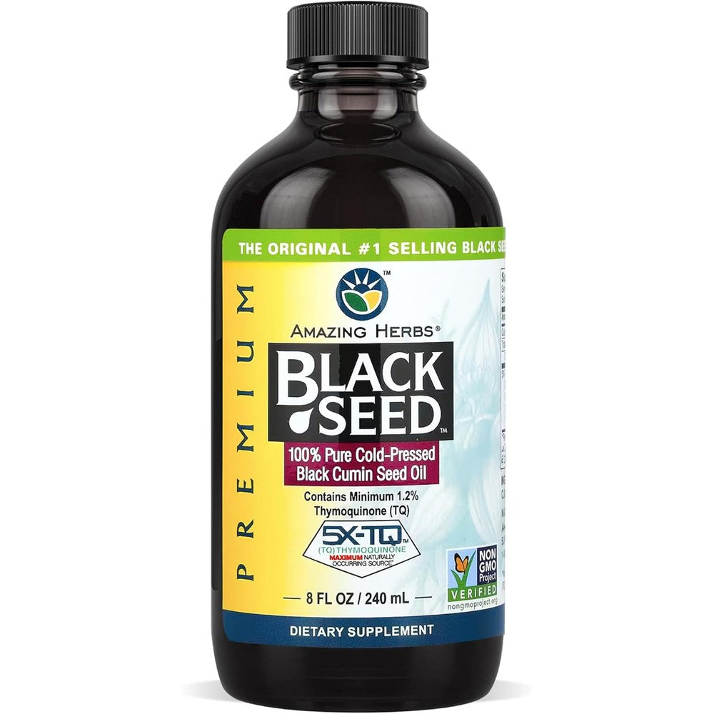 Amazing Herbs Premium Cold Pressed Black Seed Oil eight fluid ounce bottle front view highlighting the immune support label.