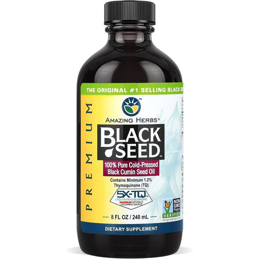 Amazing Herbs Premium Cold Pressed Black Seed Oil eight fluid ounce bottle front view highlighting the immune support label.