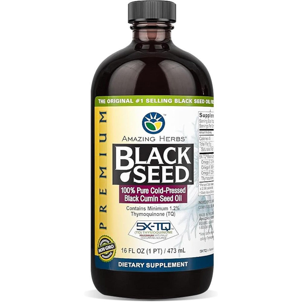 Amazing Herbs Premium Cold Pressed Black Seed Oil 16 Fluid Ounce front view bottle for digestive wellness