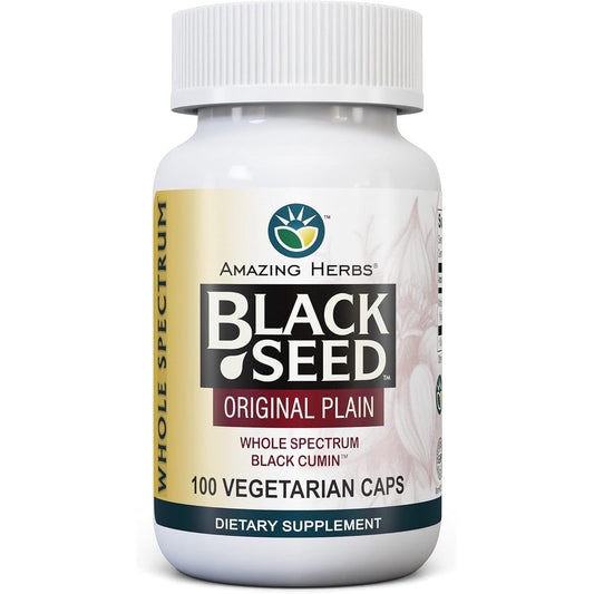 Amazing Herbs Whole Spectrum Black Seed 100 capsules front label view showing 475 milligrams strength