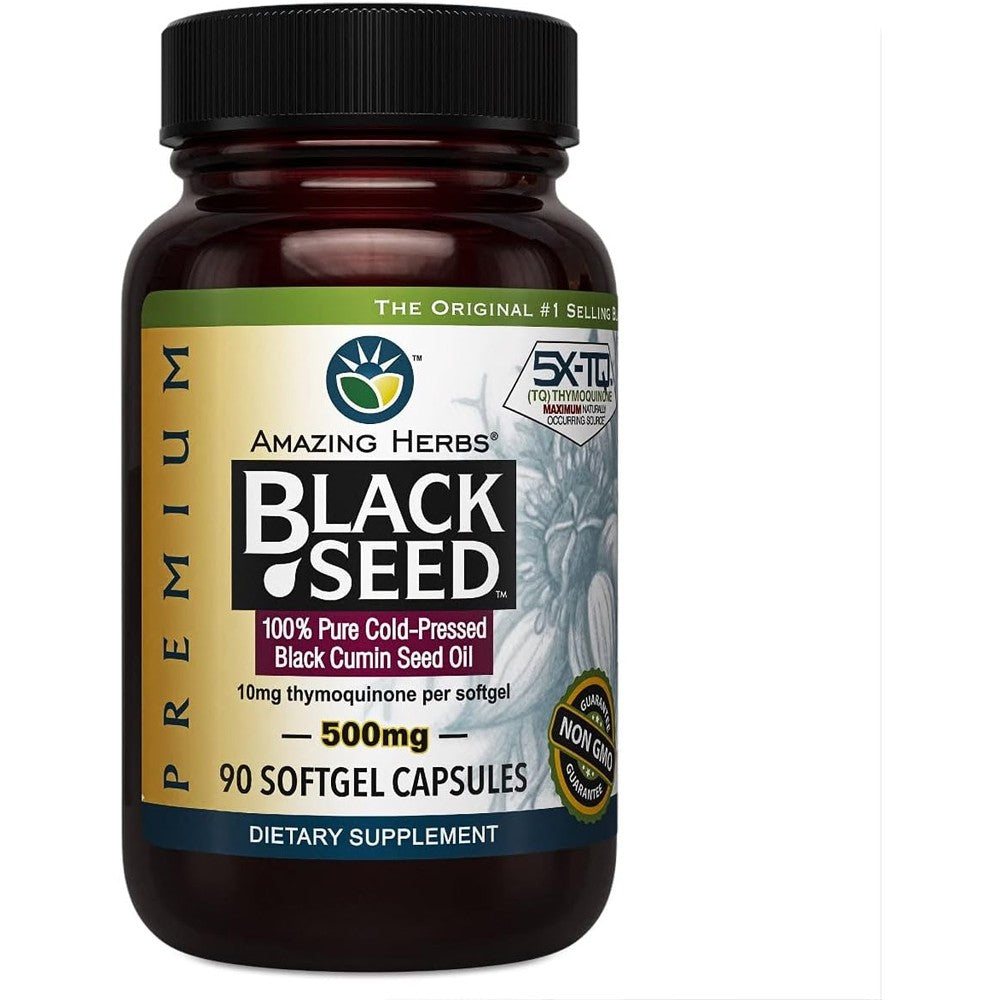 Amazing Herbs Premium Black Seed Oil 90 softgel capsules front bottle view