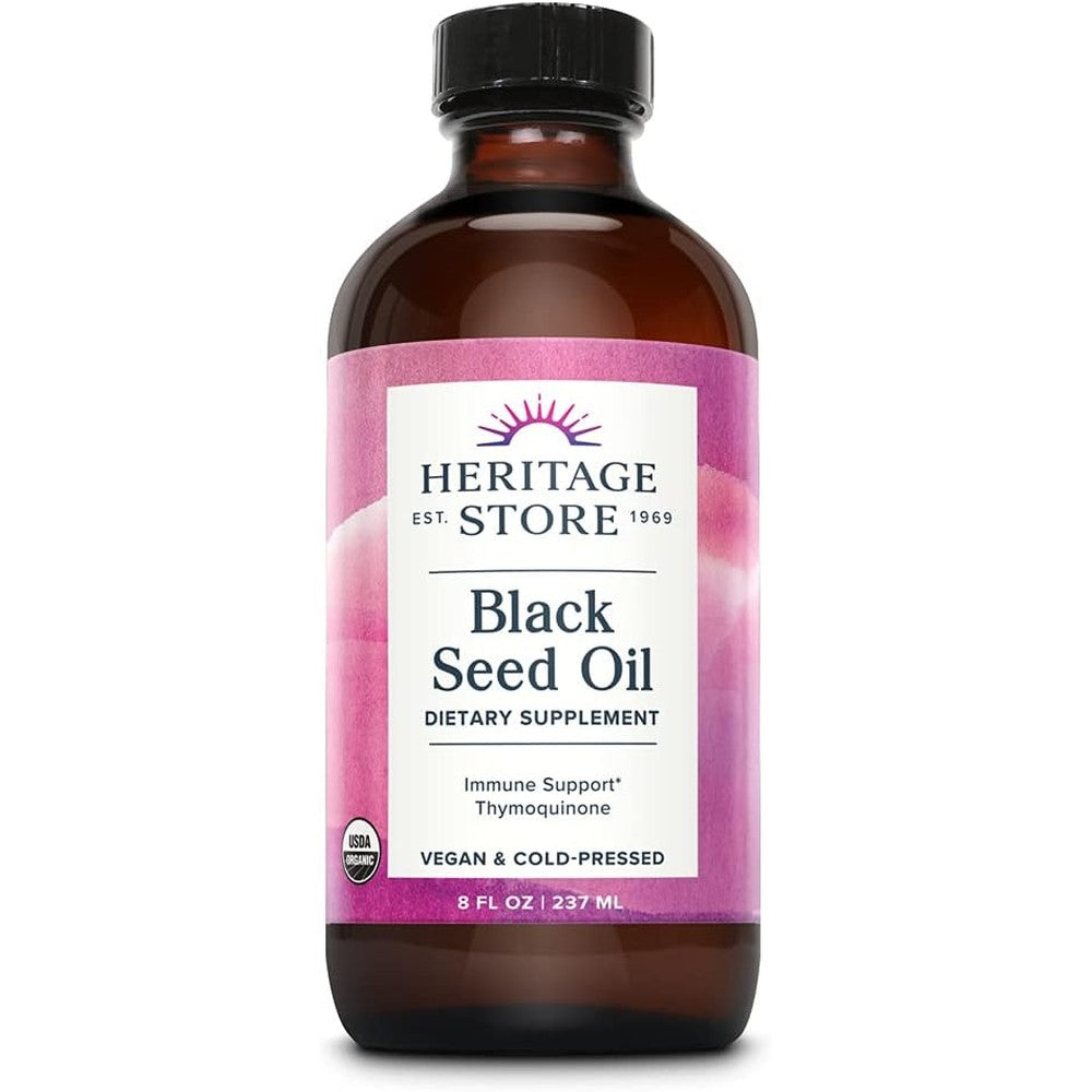 Heritage Store Organic Black Seed Oil front view of bottle for immune support