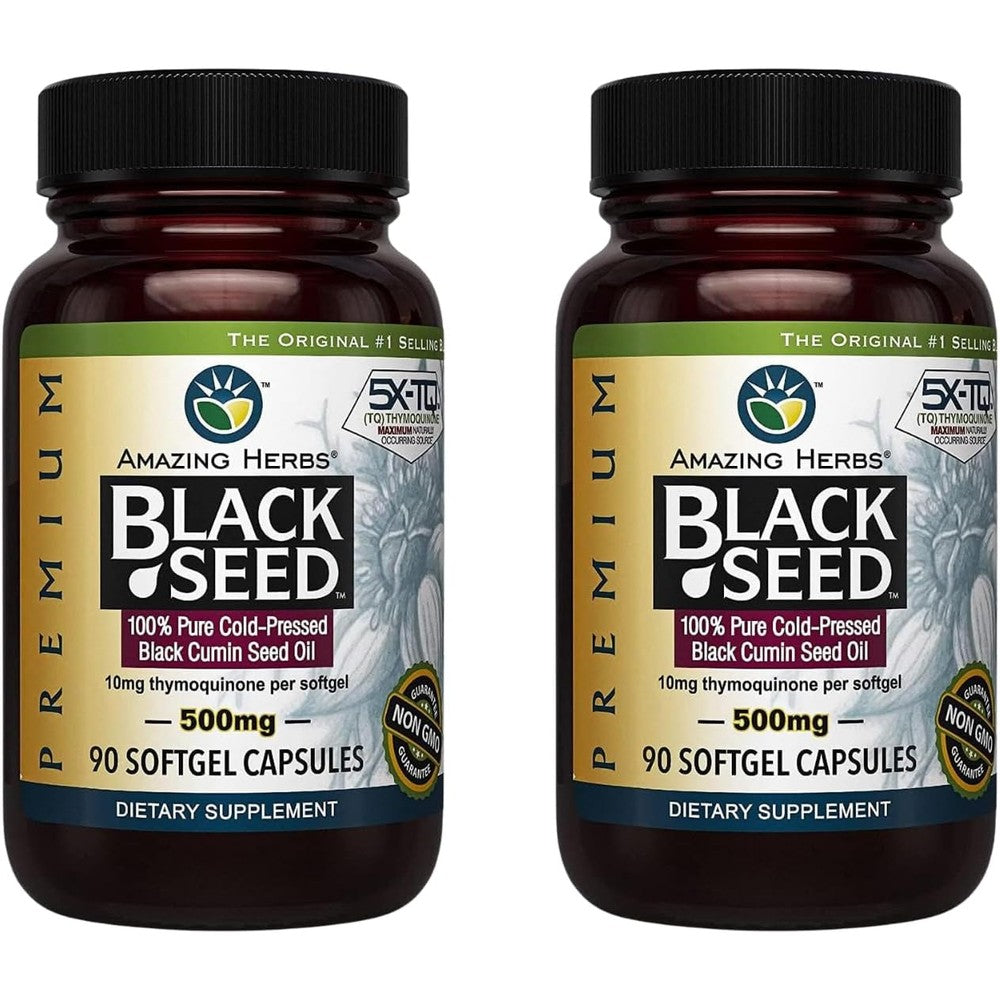 Amazing Herbs Premium Black Seed Oil 500mg 180 Capsules front packaging showing immune support benefits