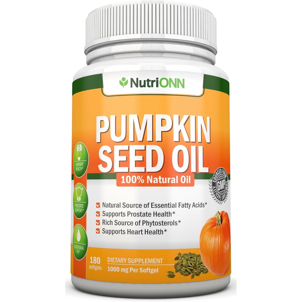 NutriONN Pumpkin Seed Oil 1000mg front view showing 180 softgels bottle packaging