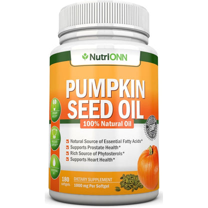 NutriONN Pumpkin Seed Oil 1000mg front view showing 180 softgels bottle packaging