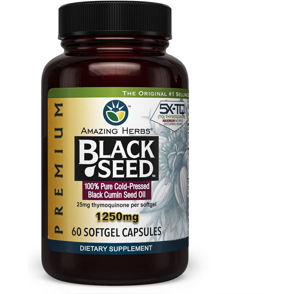 Amazing Herbs Premium Black Seed Oil 60 softgels front bottle view for immune support