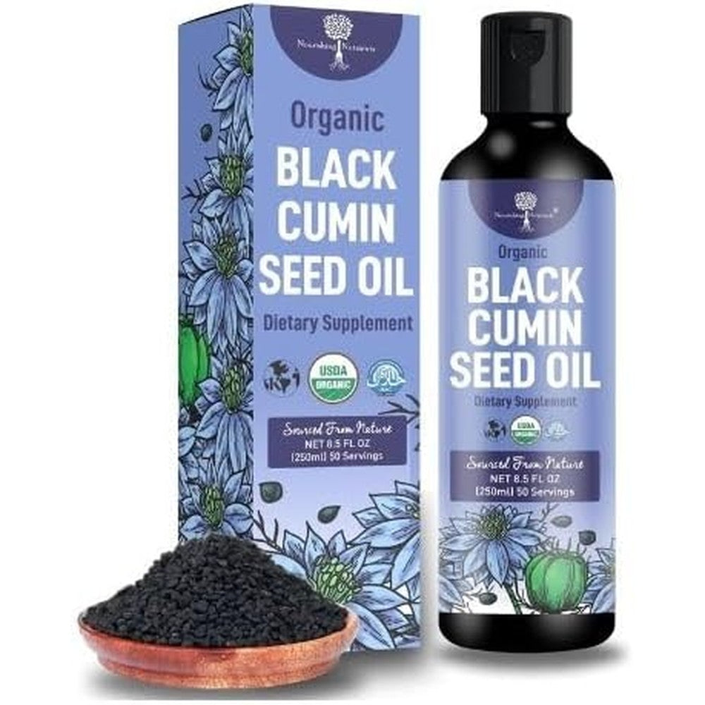 Nourishing Nutrients organic black cumin seed oil front view bottle and box