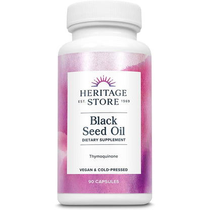 Heritage Store Black Seed Oil 90 Capsules front view bottle showing premium immune and joint support packaging