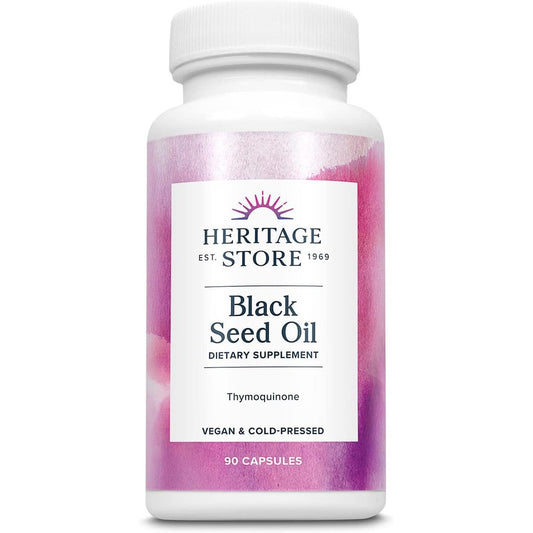 Heritage Store Black Seed Oil 90 Capsules front view bottle showing premium immune and joint support packaging