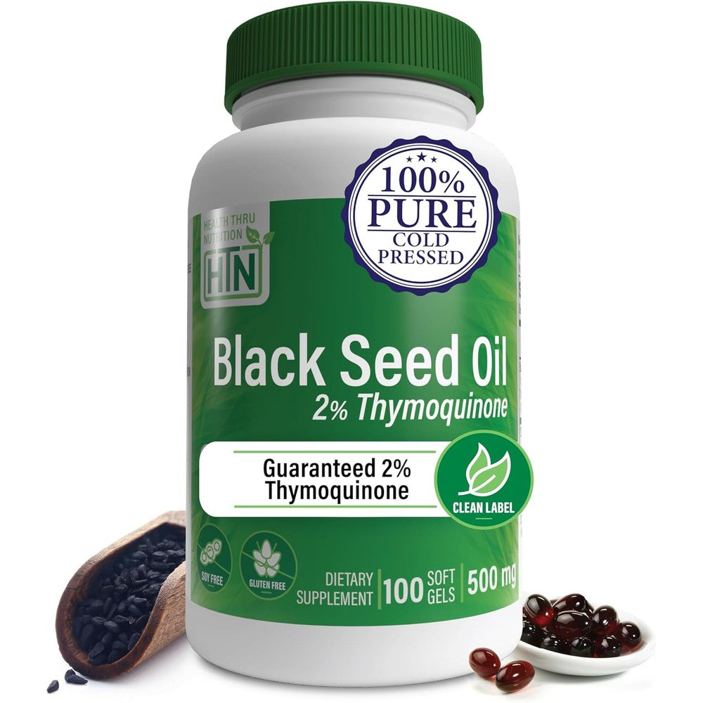 Health Thru Nutrition Black Seed Oil 100 softgels bottle front view