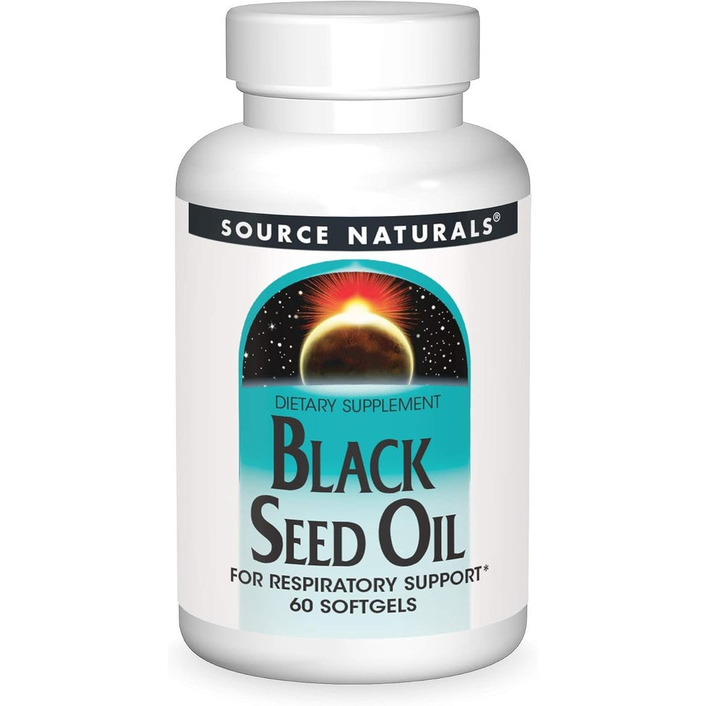 Source Naturals Black Seed Oil 60 softgels bottle front view for premium respiratory support.