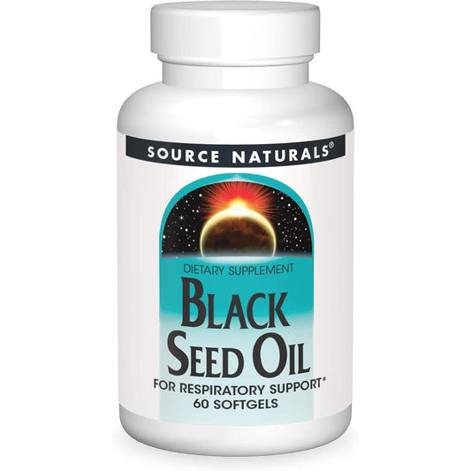 Source Naturals Black Seed Oil 60 softgels bottle front view for premium respiratory support.