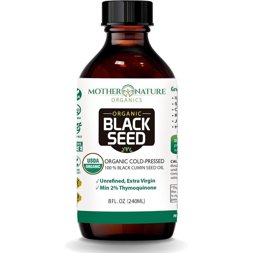 Mother Nature Organics Black Seed Oil front view bottle for immune support.