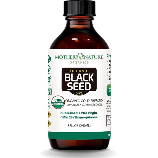 Mother Nature Organics Black Seed Oil front view bottle for immune support.