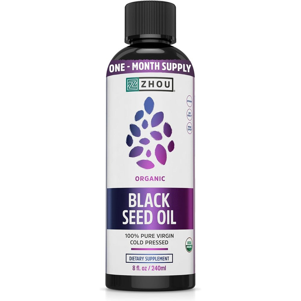 Zhou Nutrition Organic Black Seed Oil 8 fluid ounce front view showing USDA Organic certification label.