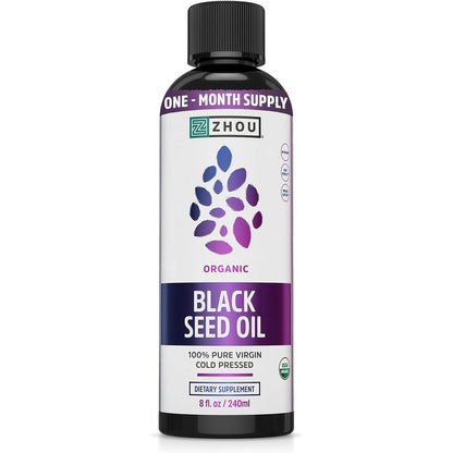 Zhou Nutrition Organic Black Seed Oil 8 fluid ounce front view showing USDA Organic certification label.