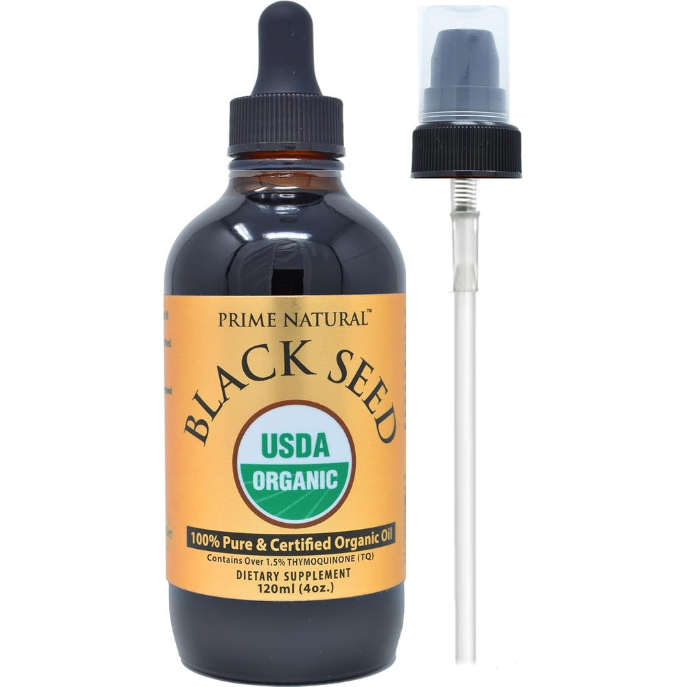 Prime Natural Organic Black Seed Oil 4 Ounce bottle front view showing USDA Organic certification label.