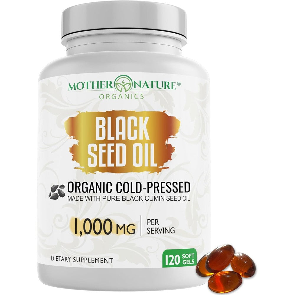 Mother Nature Organics Turkish Black Seed Oil Capsules 120 softgel bottle front view showing organic certifications.