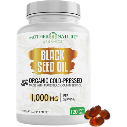 Mother Nature Organics Turkish Black Seed Oil Capsules 120 softgel bottle front view showing organic certifications.
