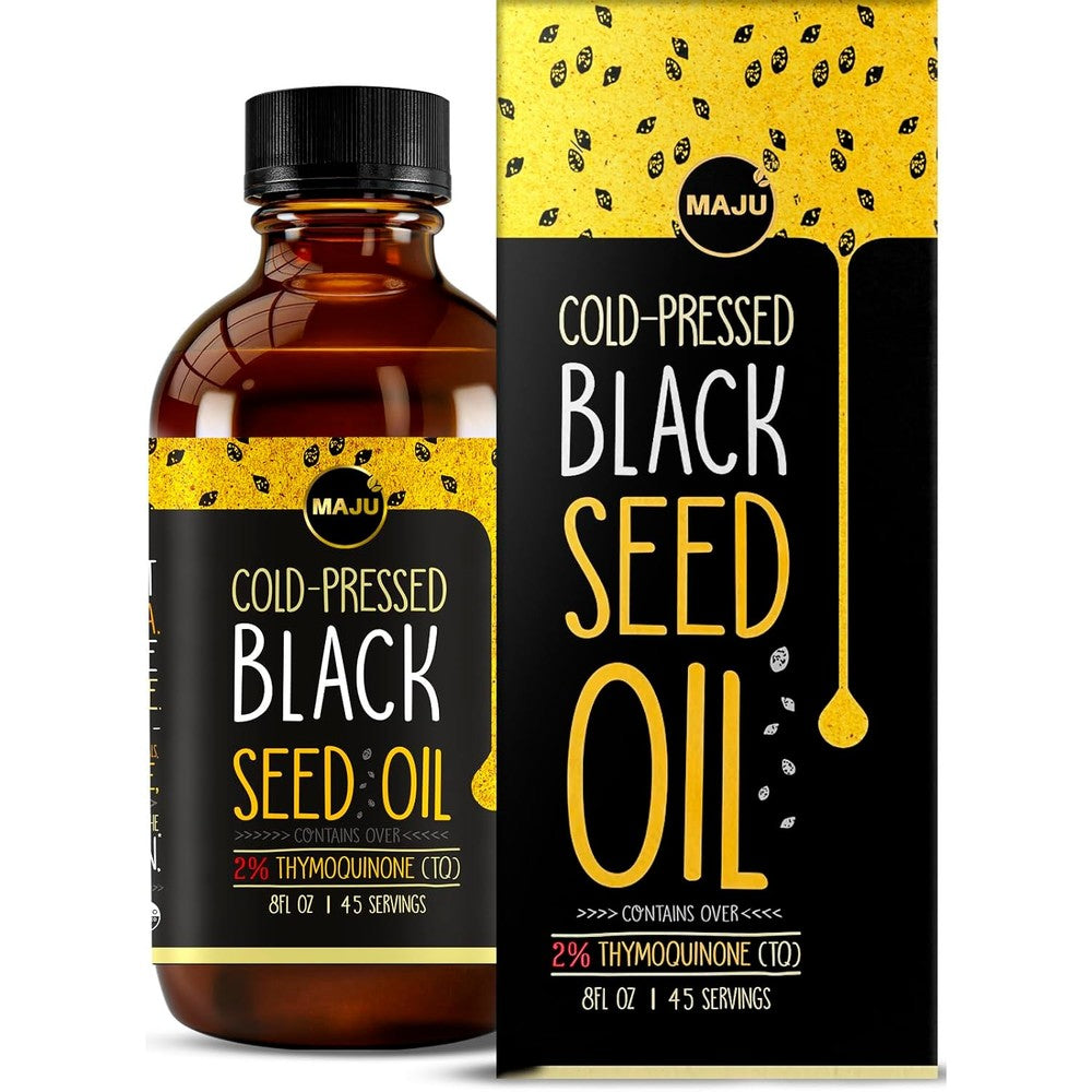 Maju Superfoods Black Seed Oil front view authentic premium cold pressed supplement