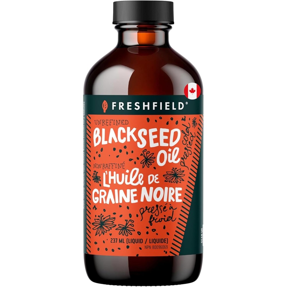 Freshfield black cumin seed oil supplement front view amber glass bottle