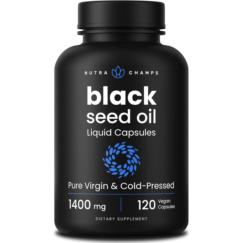 NutraChamps organic black cumin seed oil bottle front view packaging