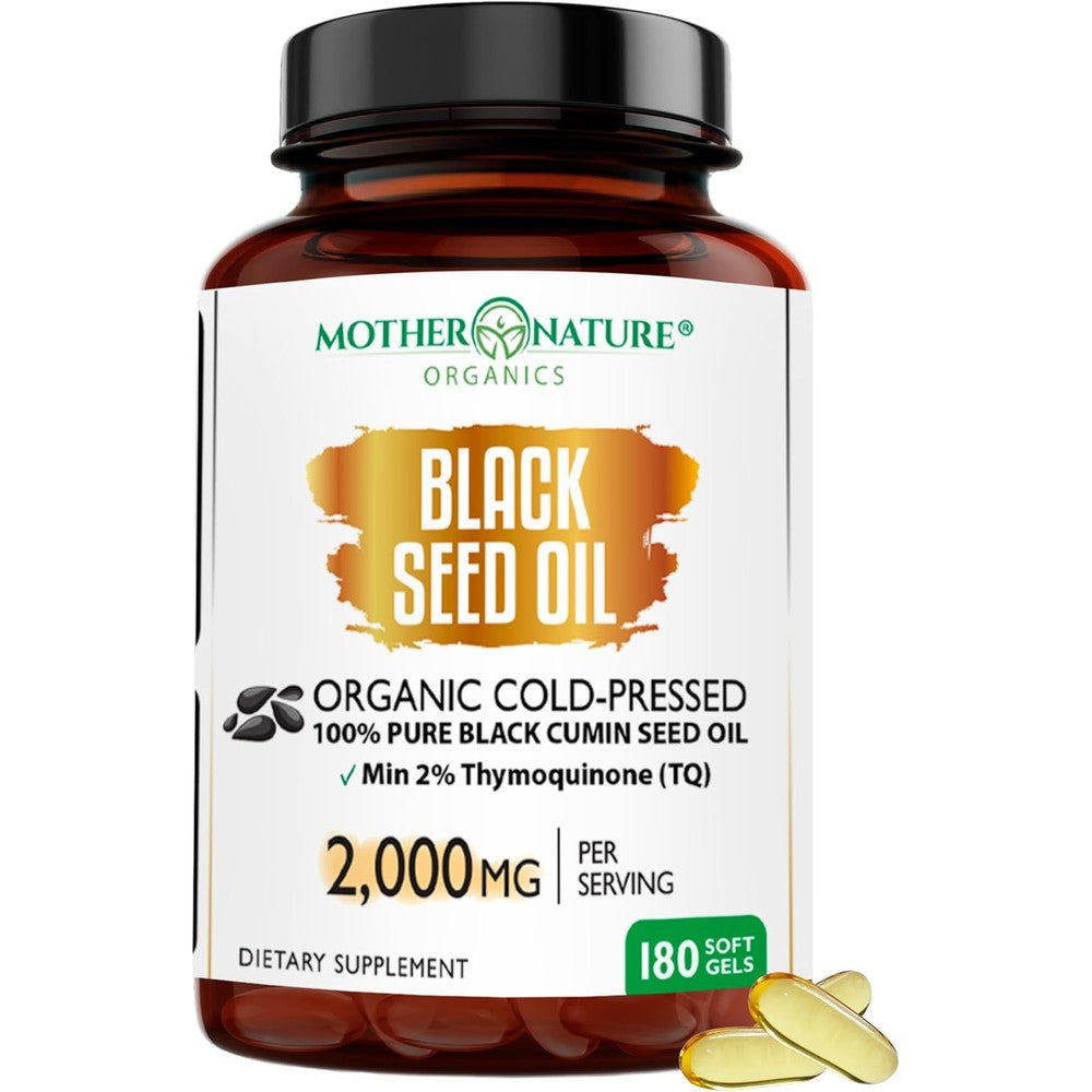 Mother Nature Organics Black Seed Oil 180 Capsules front view bottle