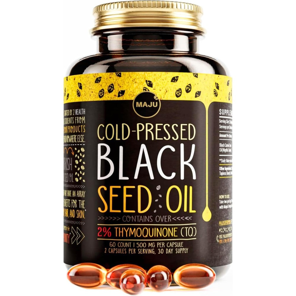 Maju Superfoods Black Seed Oil capsules bottle front view showing premium immunity supplement packaging