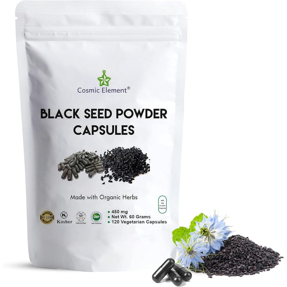 Cosmic Element organic black seed powder capsules front view bottle