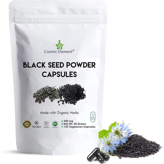 Cosmic Element Organic Black Seed Powder Capsules front view bottle for immune support
