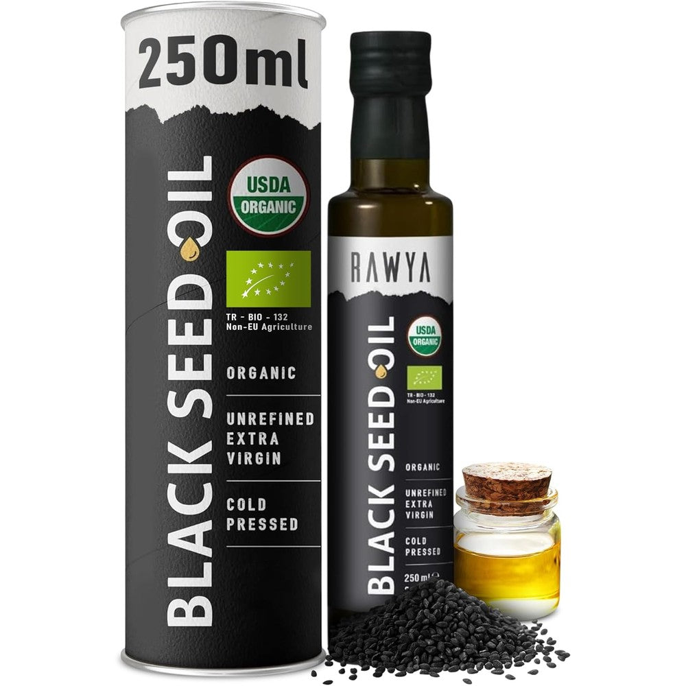 RAWYA organic cold pressed black seed oil bottle front view with packaging
