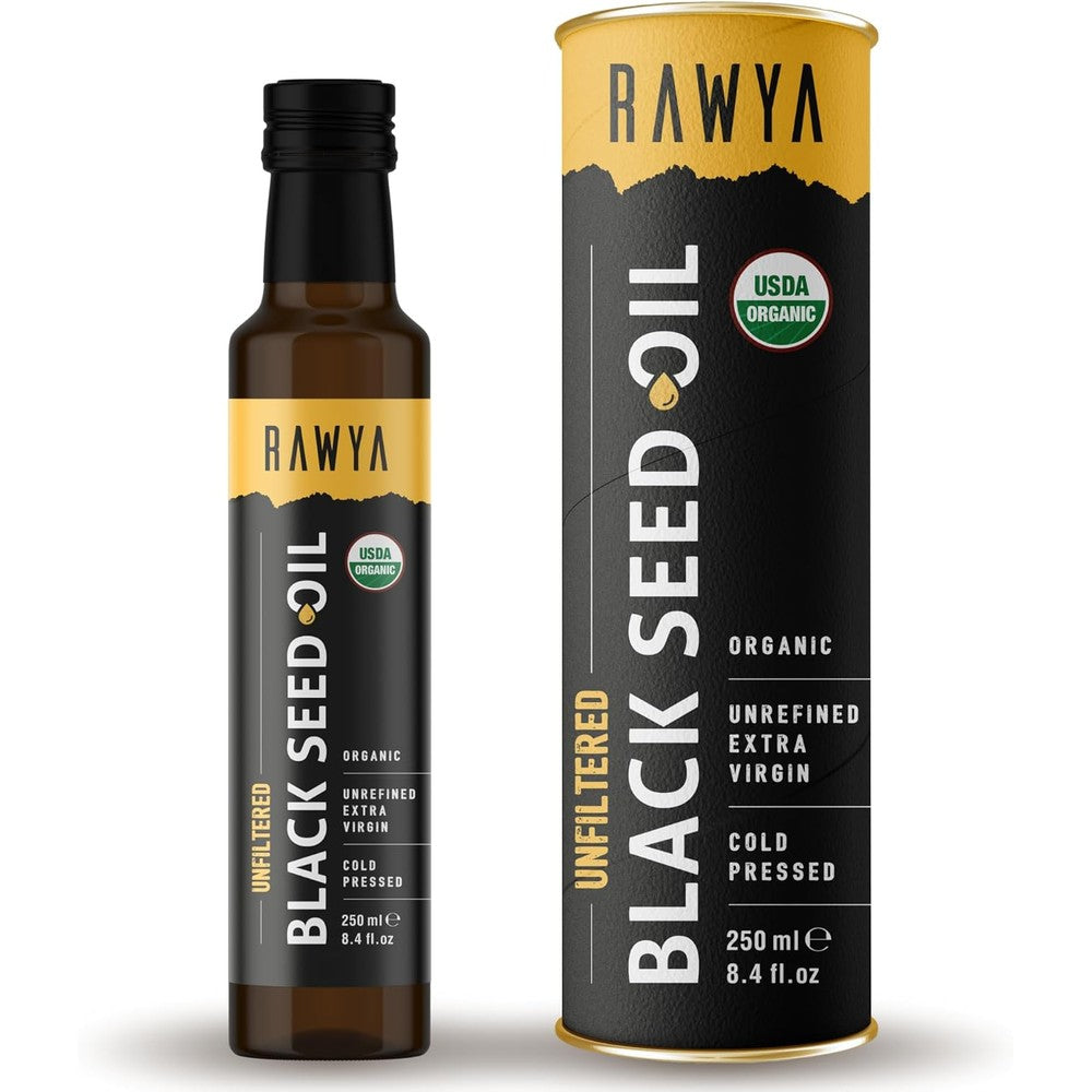 Rawya organic black seed oil front view of glass bottle