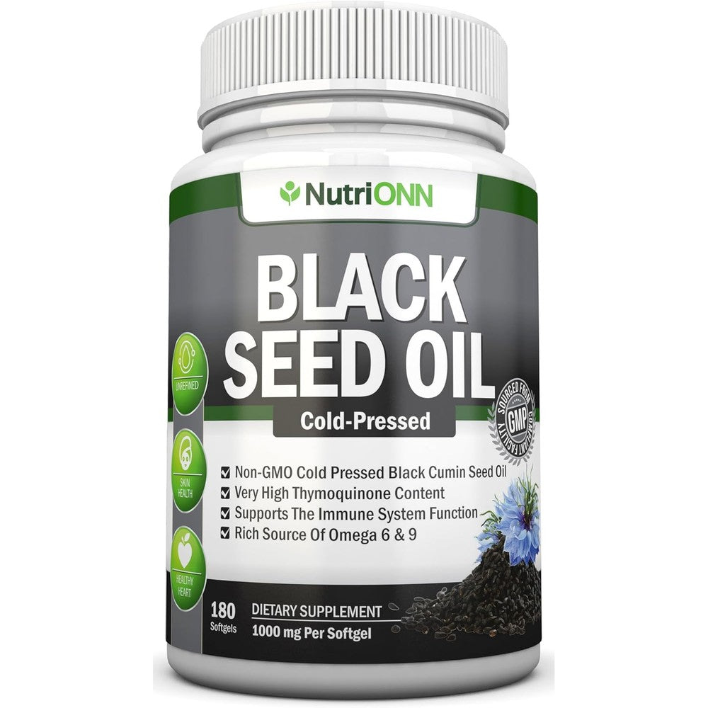 NutriONN Black Seed Oil front bottle view showing 1000mg and 180 softgels